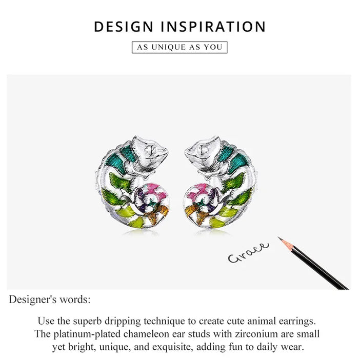 925 Sterling Silver Mini Chameleon Stud Earrings On Sale