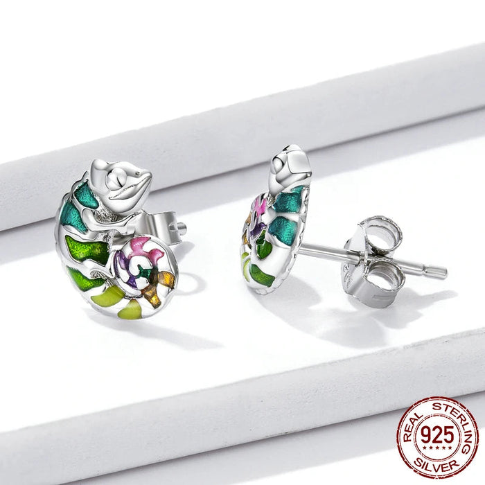925 Sterling Silver Mini Chameleon Stud Earrings On Sale