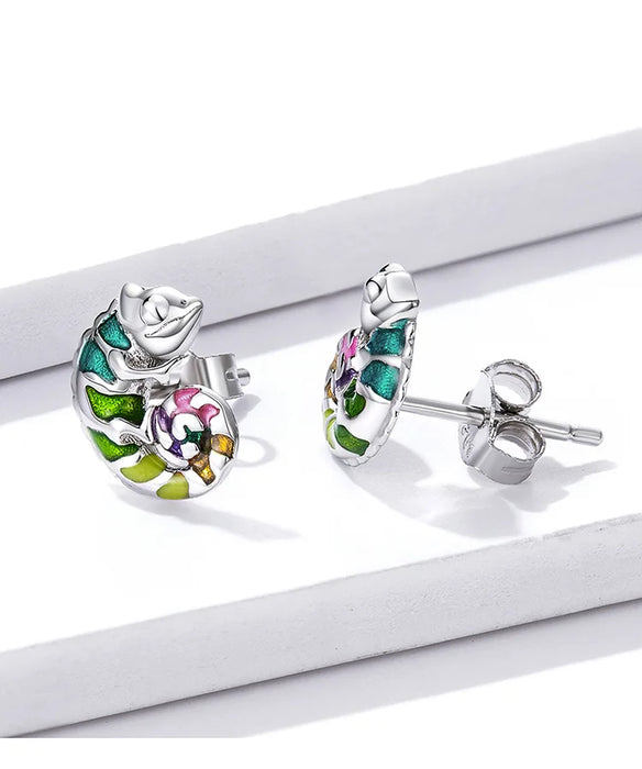 925 Sterling Silver Mini Chameleon Stud Earrings On Sale