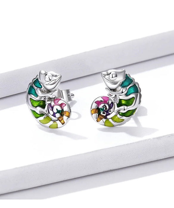 925 Sterling Silver Mini Chameleon Stud Earrings On Sale