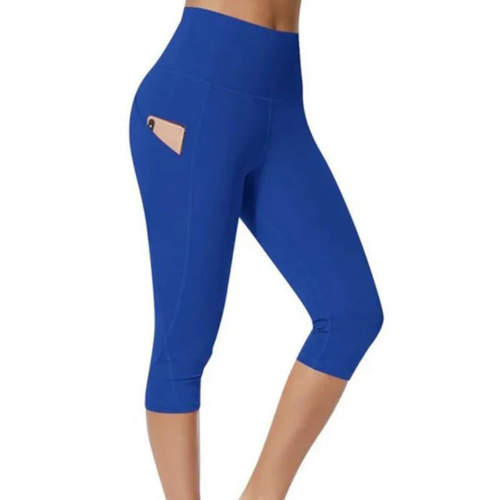 Blue High-Waisted Mid-Calf Leggings With Side Pockets & Back Pocket For Sports, Yoga, Gym On Sale