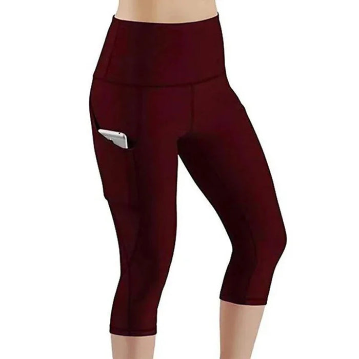 Wine Red High-Waisted Mid-Calf Leggings With Side Pockets & Back Pocket For Sports, Yoga, Gym On Sale