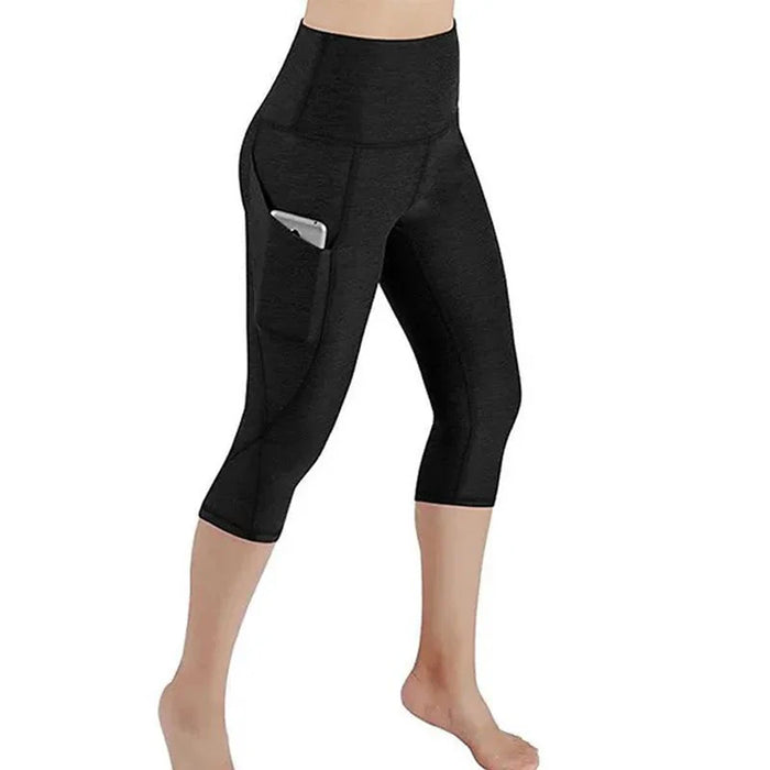 Black High-Waisted Mid-Calf Leggings With Side Pockets & Back Pocket For Sports, Yoga, Gym On Sale