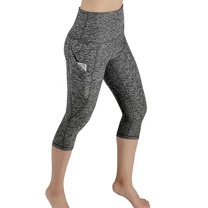 Grey High-Waisted Mid-Calf Leggings With Side Pockets & Back Pocket For Sports, Yoga, Gym On Sale