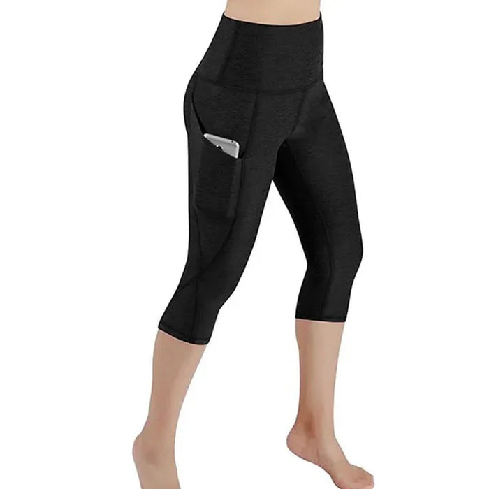 Black High-Waisted Mid-Calf Leggings With Side Pockets & Back Pocket For Sports, Yoga, Gym On Sale