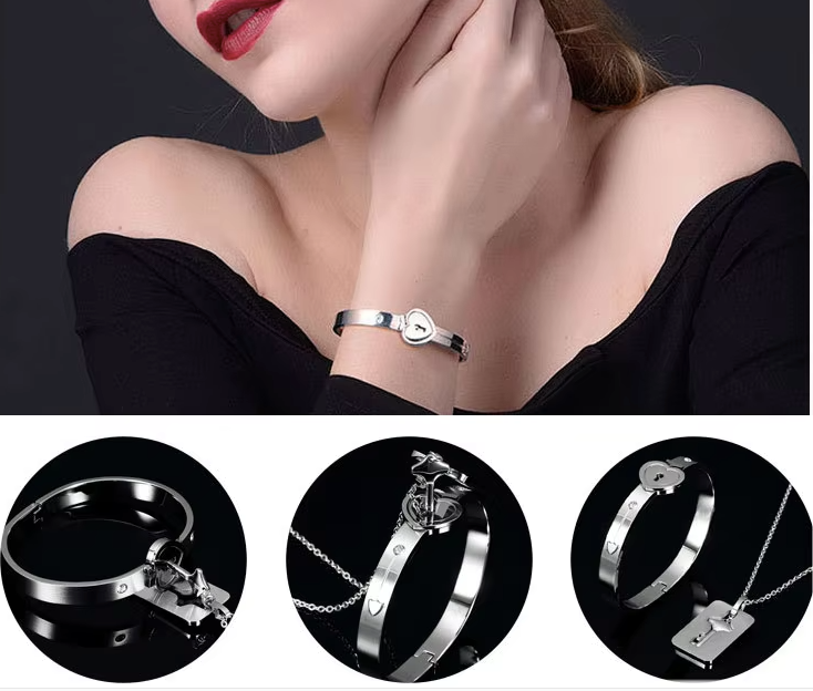 Concentric Lock Key Stainless Steel Couple Bracelet and Necklace Sets On Sale