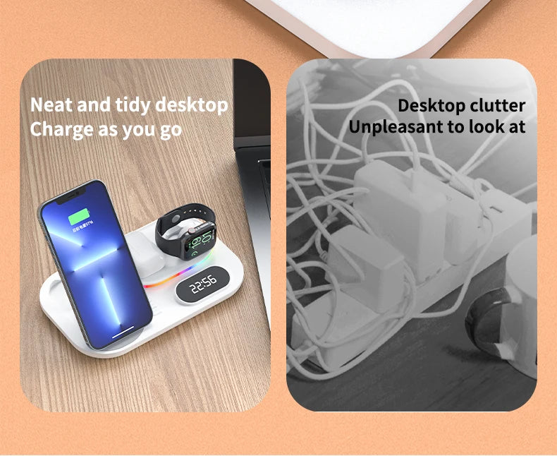 4 in 1 Wireless Fast Qi Charging Dock Station With LED Night Light And Time Display On Sale