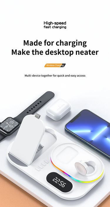 4 in 1 Wireless Fast Qi Charging Dock Station With LED Night Light And Time Display On Sale