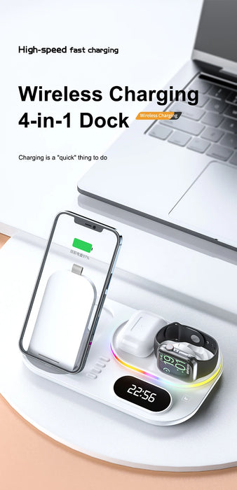 4 in 1 Wireless Fast Qi Charging Dock Station With LED Night Light And Time Display On Sale