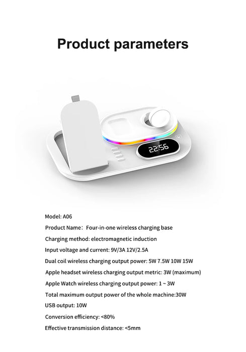 4 in 1 Wireless Fast Qi Charging Dock Station With LED Night Light And Time Display On Sale
