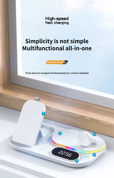 4 in 1 Wireless Fast Qi Charging Dock Station With LED Night Light And Time Display On Sale