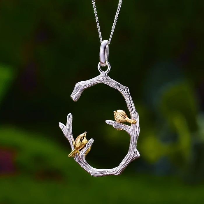 925 Sterling Silver 18K Gold Plated Bird on Branch Pendant On Sale