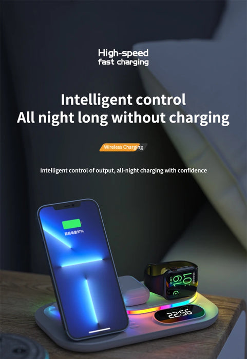 4 in 1 Wireless Fast Qi Charging Dock Station With LED Night Light And Time Display On Sale
