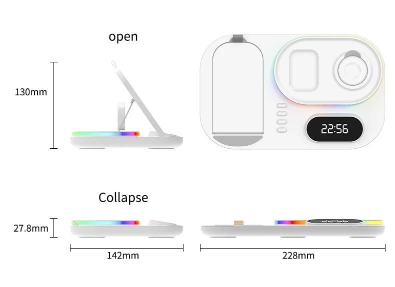 4 in 1 Wireless Fast Qi Charging Dock Station With LED Night Light And Time Display On Sale