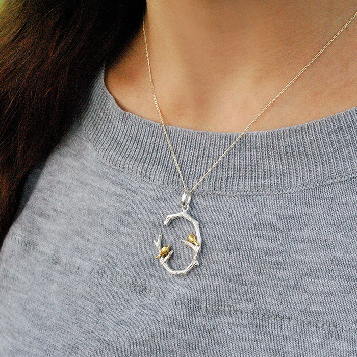 925 Sterling Silver 18K Gold Plated Bird on Branch Pendant On Sale
