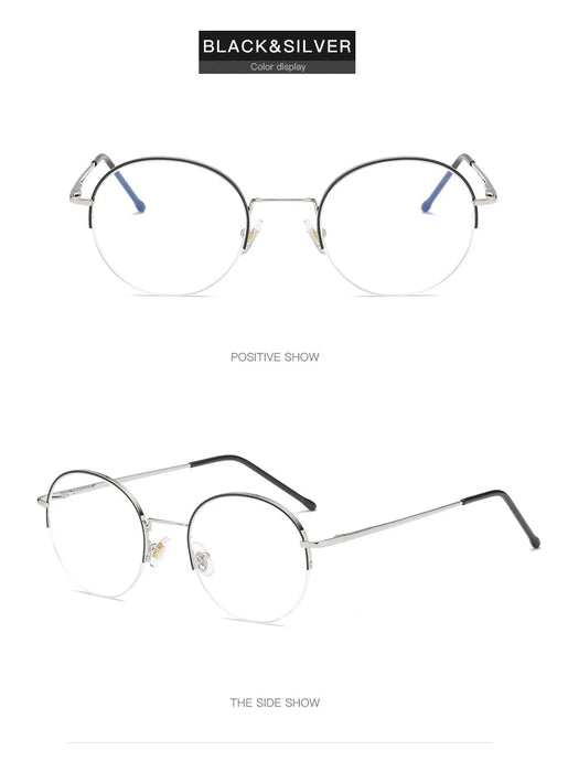 Black Silver Round Rim Metal Half Frame Blue Light Blocking Glasses On Sale