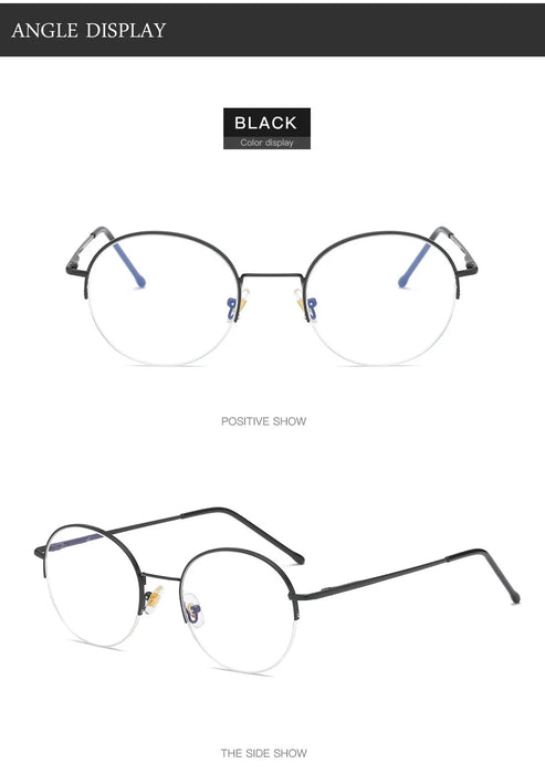 Black Round Rim Metal Half Frame Blue Light Blocking Glasses On Sale