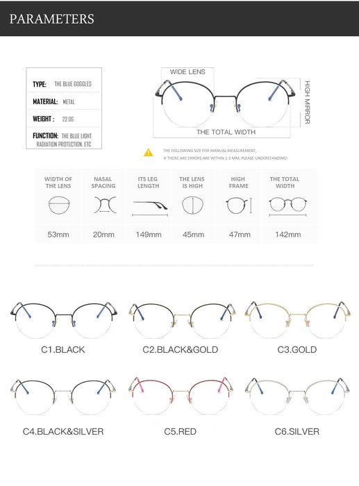 Round Rim Metal Half Frame Blue Light Blocking Glasses On Sale