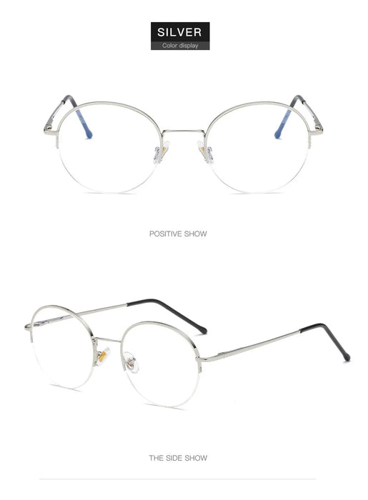 Silver Round Rim Metal Half Frame Blue Light Blocking Glasses On Sale