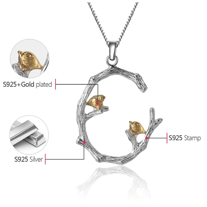 925 Sterling Silver 18K Gold Plated Bird on Branch Pendant On Sale