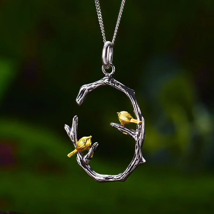 925 Sterling Silver 18K Gold Plated Bird on Branch Pendant On Sale