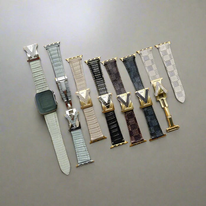 LV Style Magnetic Clasp Leather Bracelet Collection For Apple Watch Band 38mm, 40mm, 41mm, 42mm, 44mm, 45mm, 46mm, 49mm On Sale