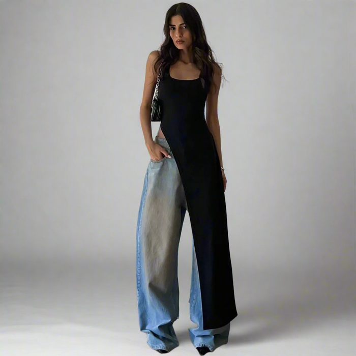 Women's Fitted Maxi High Side Slit Scoop Neck Tank Black Long Dress On Sale