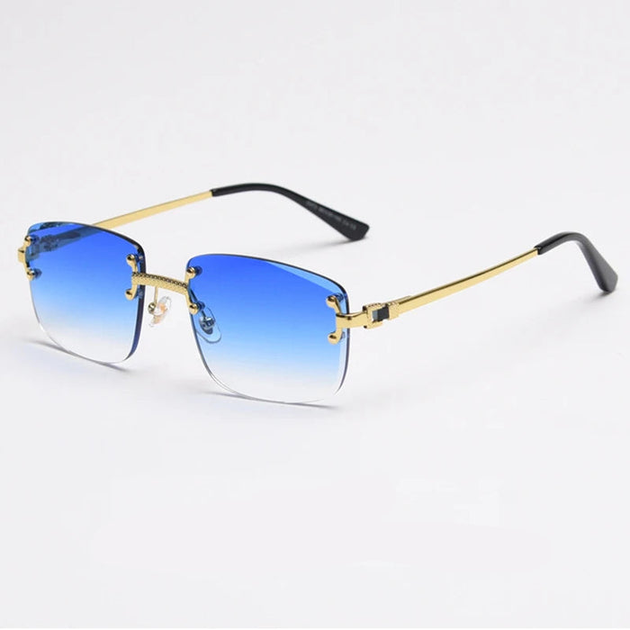 Gold Wave Blue Classic Rectangular Rimless Sunglasses On Sale