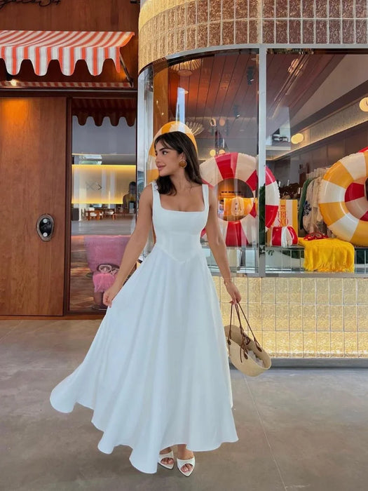 Elegant High-Waisted Squared Neckline Sleeveless A-line Sling Maxi Dress On Sale
