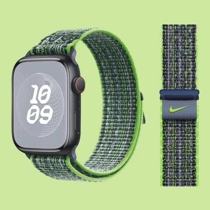 Bright Green Blue NIKE Designs Nylon Sport Loop Watch Straps Collection For Apple Watch 38mm, 40mm, 41mm, 42mm, 44 mm, 45mm, 46mm, 49mm On Sale