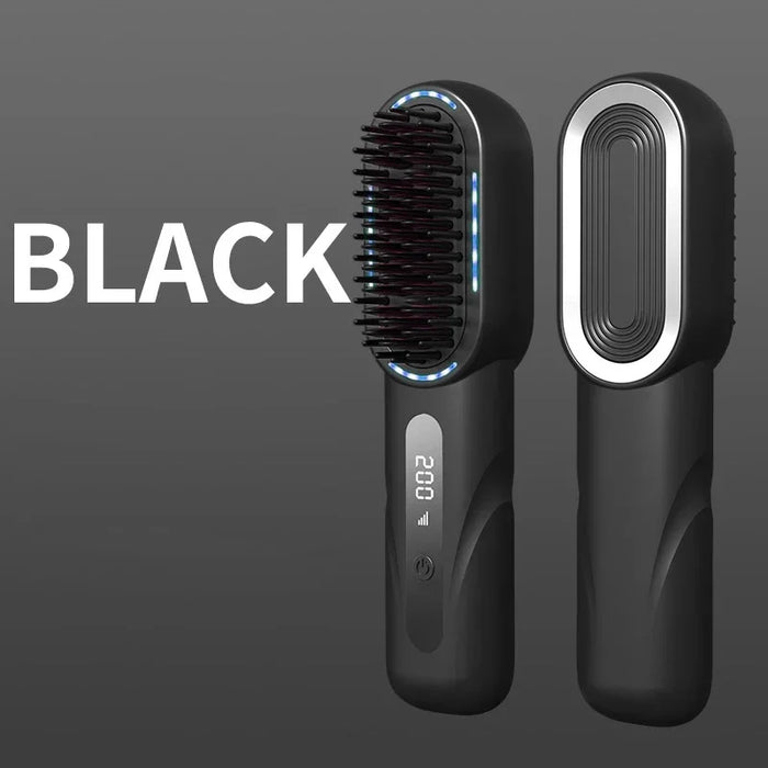 Black Rechargeable Wireless Negative Ion Electric Hair Comb Straightener On Sale