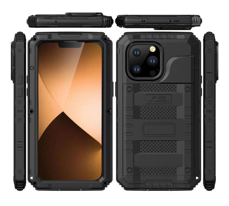Black Heavy Duty Metal Waterproof Shockproof Protective Case With Kickstand For iPhone 15 Pro Max 14 Pro 13 Pro Max 12 11 On Sale