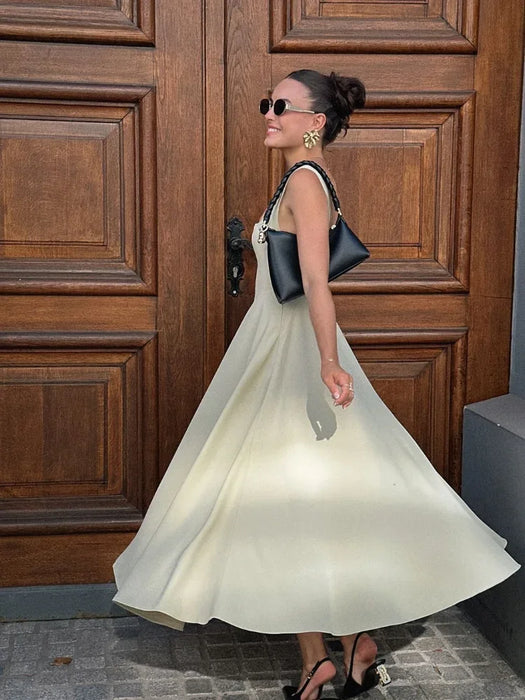 Elegant High-Waisted Squared Neckline Sleeveless A-line Light Green Sling Maxi Dress On Sale
