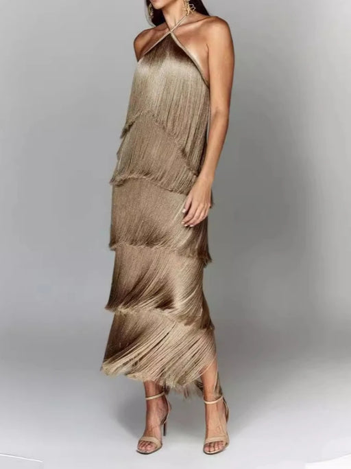 Metallic Color Halter Neckline Sequin Tassel Fringe Layered Long Dresses On Sale