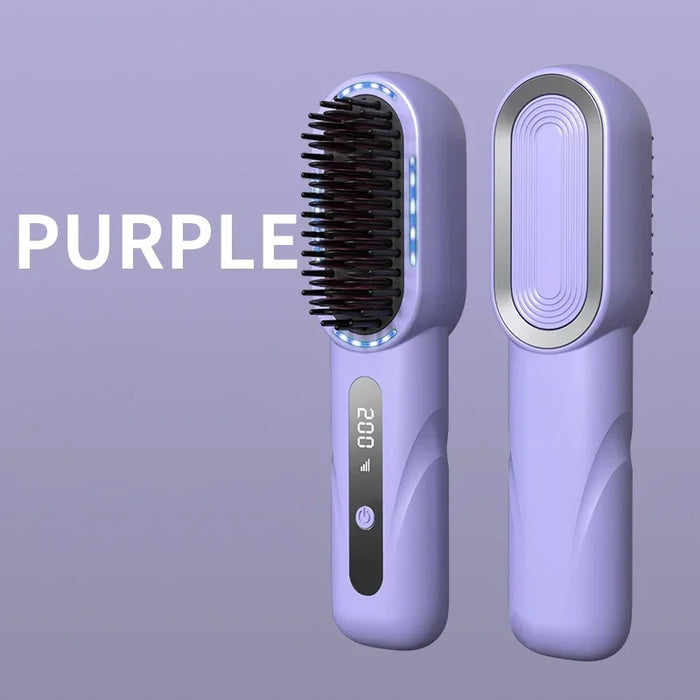 Purple Rechargeable Wireless Negative Ion Electric Hair Comb Straightener On Sale