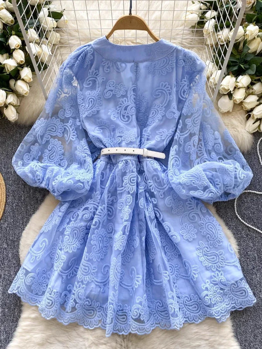 Blue Elegant Vintage French Embroidery Lace Style Long Lantern Sleeves Shirt Dress On Sale