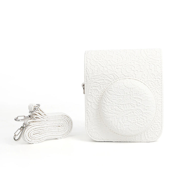 White Fujifilm Instax Mini 12 3D Texture Camera Case with Shoulder Strap On Sale