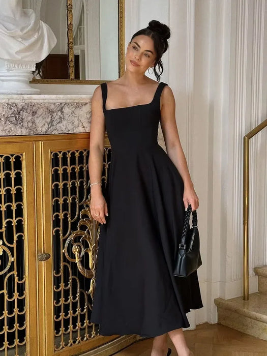 Elegant High-Waisted Squared Neckline Sleeveless A-line Sling Maxi Black Dress On Sale