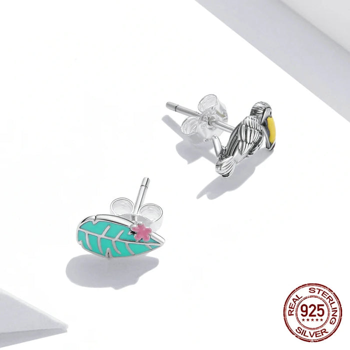 925 Sterling Silver Tropical Bird And Leaf Stud Earrings On Sale