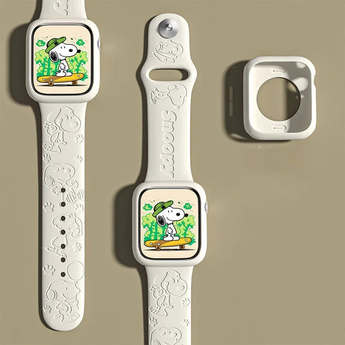 Snoopy Friends Theme Design Cream White Silicone Apple Watch Band With Watch Case 49mm, 41mm, 45mm, 44mm, 42mm, 40mm, 38mm On Sale