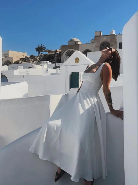 Elegant High-Waisted Squared Neckline Sleeveless A-line Sling Maxi White Dress On Sale