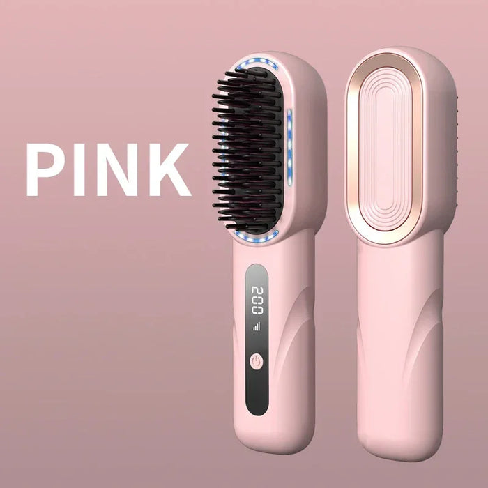 Pink Rechargeable Wireless Negative Ion Electric Hair Comb Straightener On Sale