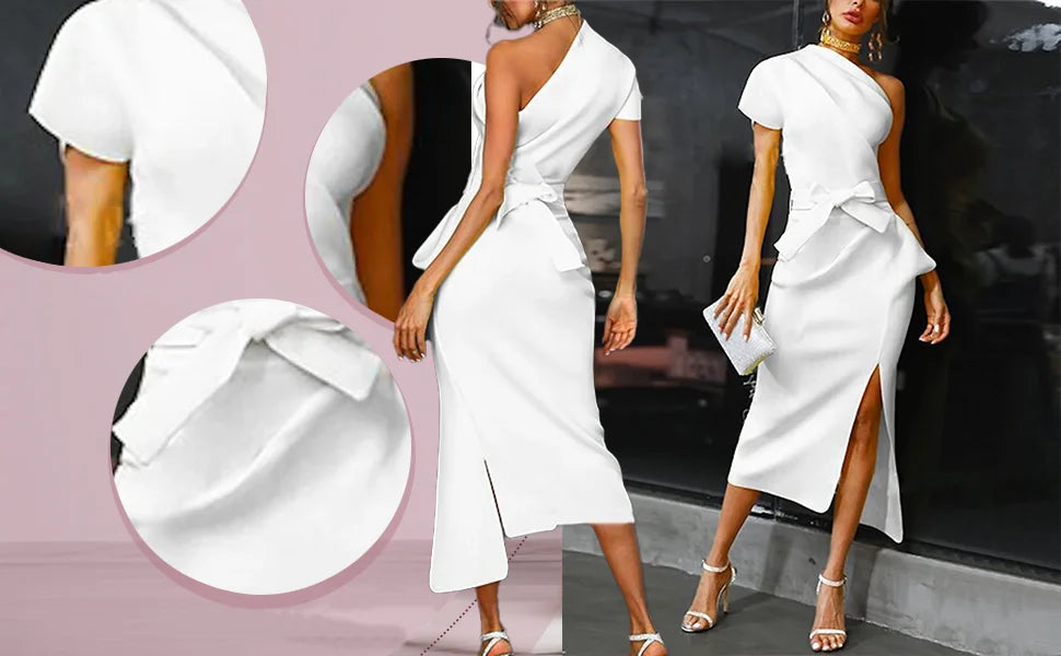 Sexy White Asymmetric One Shoulder Cocktail Party Ruched Dress On Sale