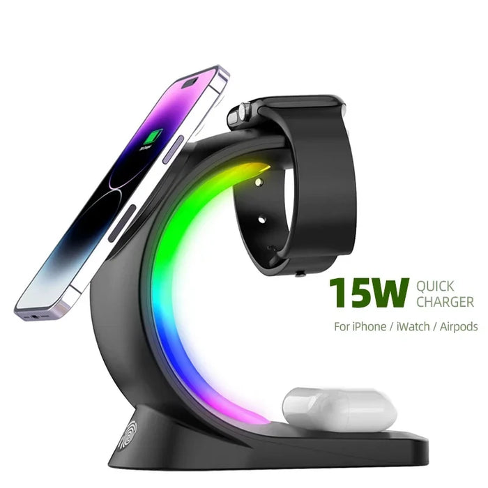 3 in 1 Magnetic Wireless Fast Charging Dock Station With RGB Night Light for iPhones, Apple Watches, and AirPods On Sale