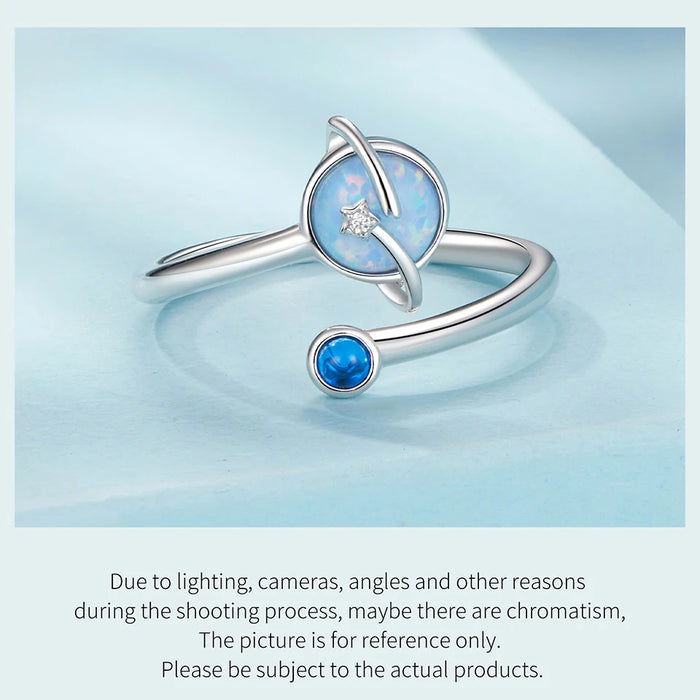 925 Sterling Silver White Gold Plated Blue Opal Planet Open Ring Jewelry On Sale