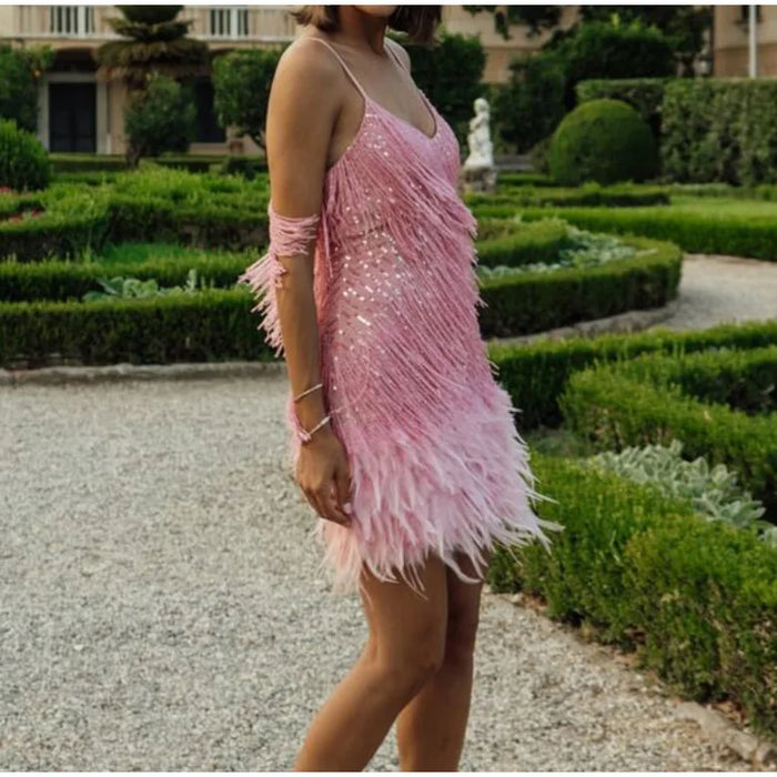 Pink Spaghetti Strap Tassel Sequins Feather Fringe Mini Dress On Sale