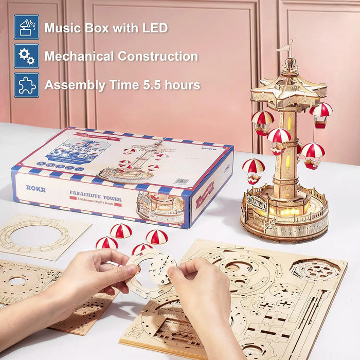 Parachute In The Fairground Carnival Magic Amusement Park Series 3D Music Box Wooden Puzzle Kit On Sale