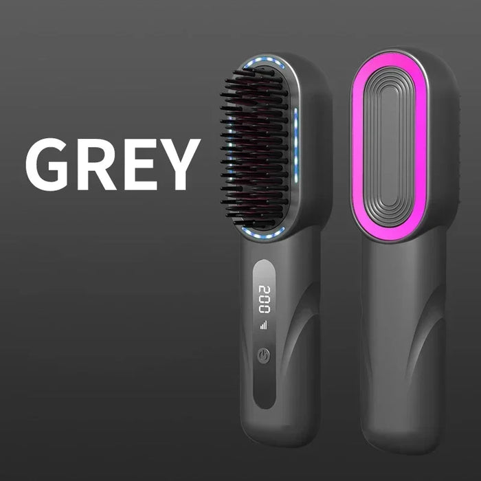 Grey Rechargeable Wireless Negative Ion Electric Hair Comb Straightener On Sale