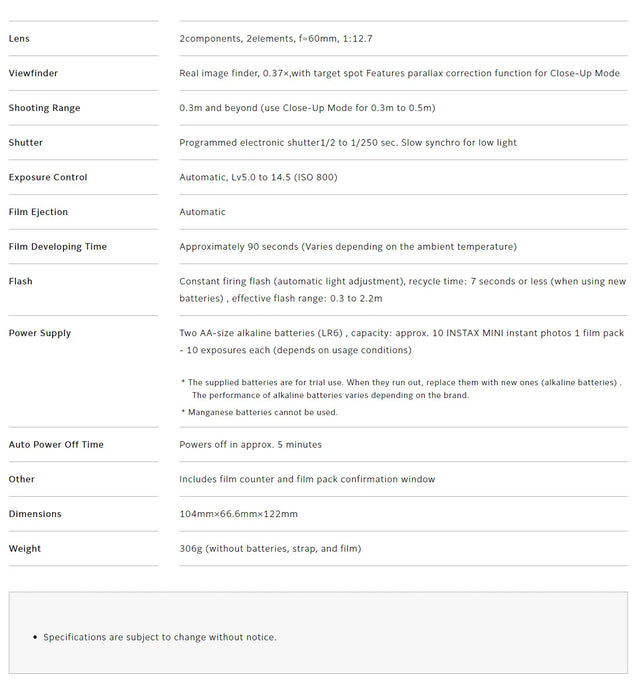 Fujifilm Instax Mini 12 Cameras Specifications