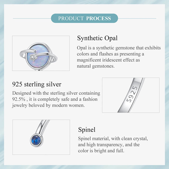 925 Sterling Silver White Gold Plated Blue Opal Planet Open Ring Jewelry On Sale